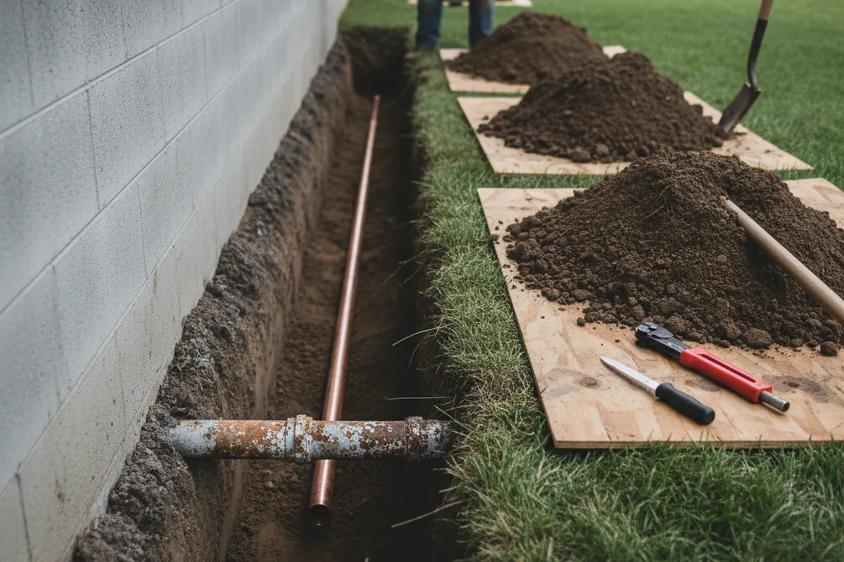 Excavated water line trench during Water Softener Installation in Angola